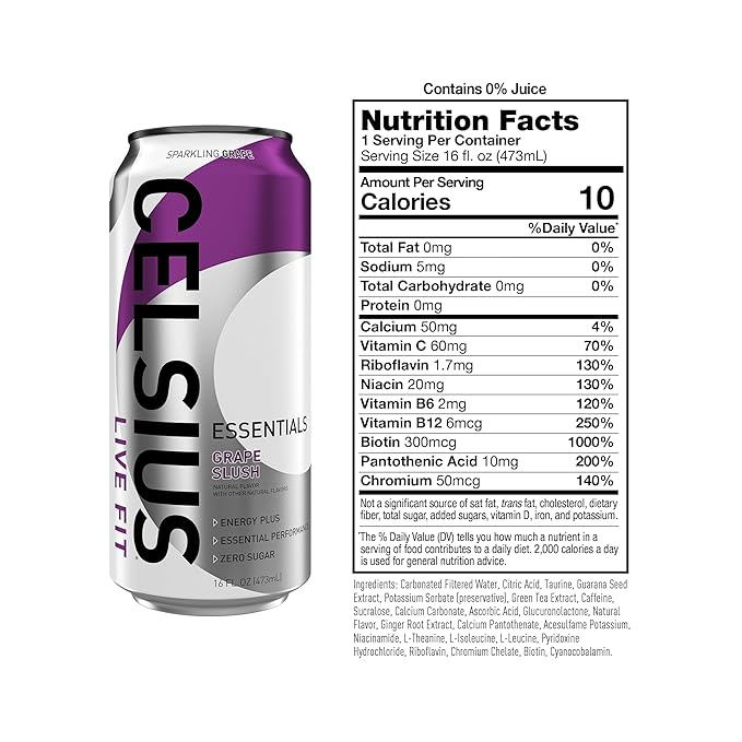 CELSIUS Essentials™ Sparkling Grape Slush Sugar Free Performance Energy Drink Can 16 Fl Oz (Pack of 12)