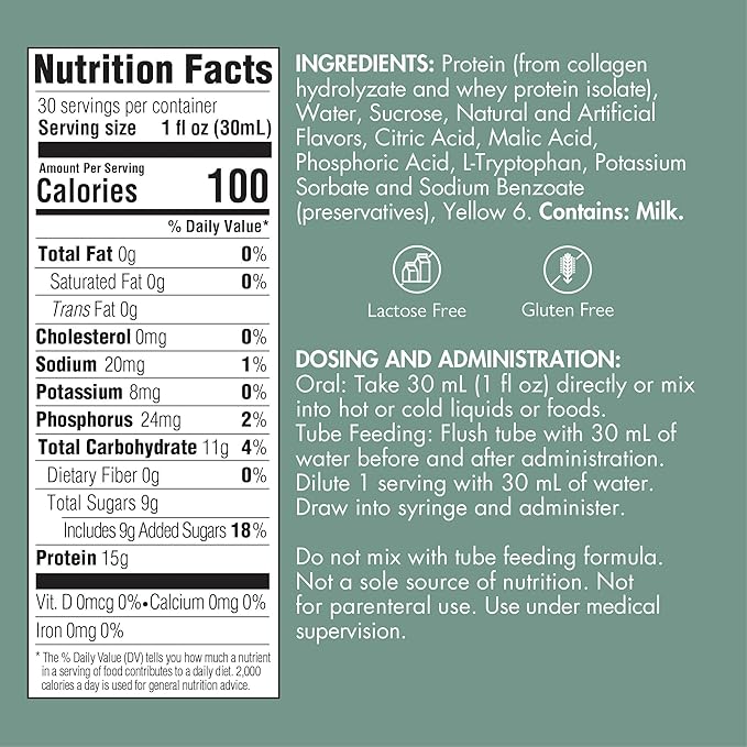 Liquid collagen peptides Type I III 15 grams protein per oz. |Prosource Plus Orange Crème Bottle Medtrition|