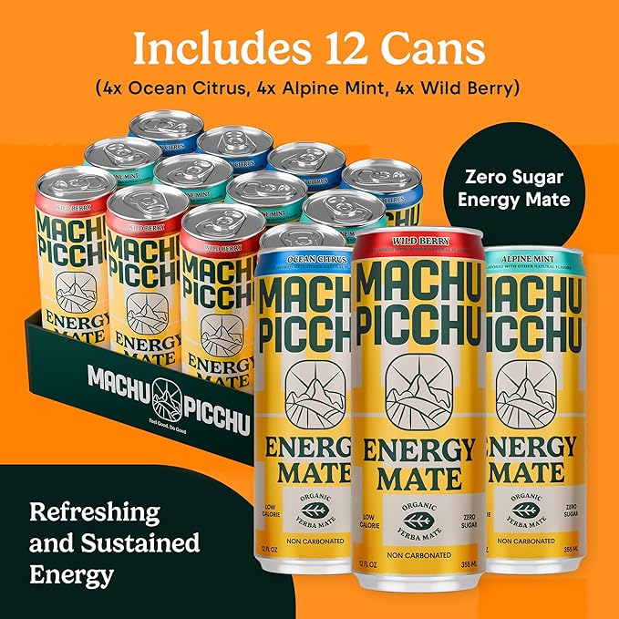 MACHU PICCHU Zero Sugar Energy Mate Drink – Non-Carbonated Yerba Mate 120mg Organic Caffeine Smooth Focus Without Jitters or Crash Low Calorie USDA Organic 12oz Cans (12-Pack-“Variety”)