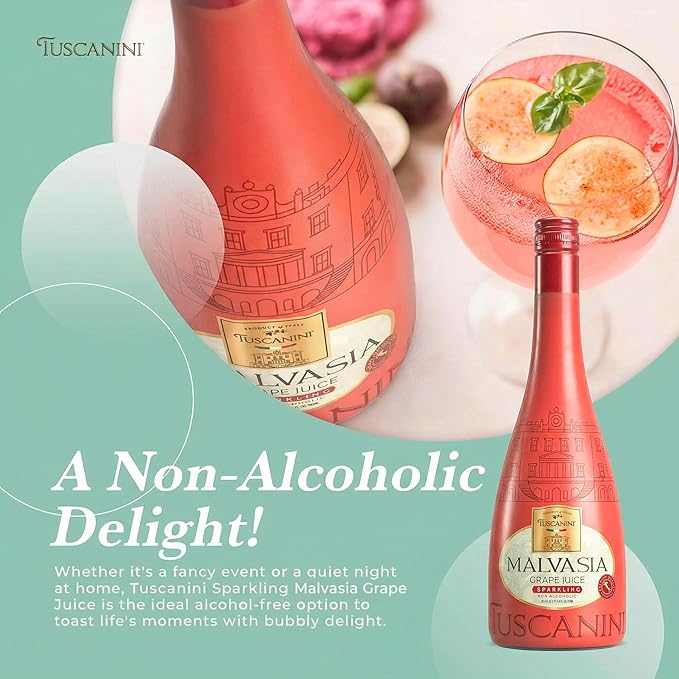 Tuscanini Italian Sparkling Malvasia Grape Juice 25.4 oz (2 Pack) | Non-Alcoholic Celebration Drink | Elegant Champagne Bottle | Imported from Italy | Great for Mocktails | Kosher