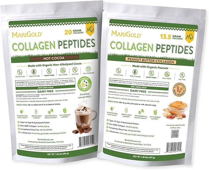 MariGold Hot Cocoa and Peanut Butter Collagen Bundle Grass-fed Type I &amp III Collagen Peptides