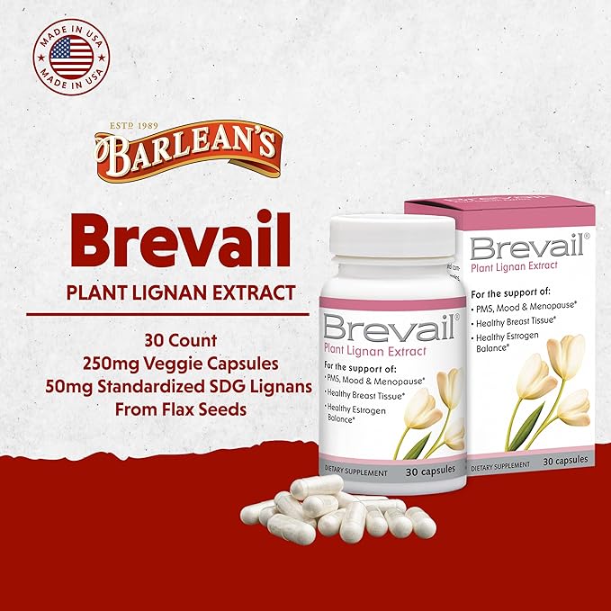 Brevail Plant Lignan Extract Capsules Proactive Breast Health Supplement with 50 mg SDG Lignans from Flax Seed Hulls for Healthy Estrogen Balance and PMS Mood Support Pills 30 Count