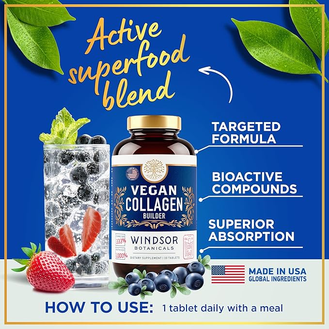 Vegan Collagen for Women and Men Supplements - Vitamin C Biotin Amino Acids Glycine Lysine Proline Organic Fruit &amp Vegetable Powder - Once A Day - 30 Plant Based Collagen Boost Tablets