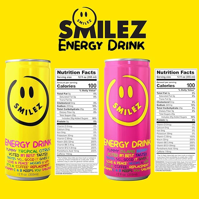 Smilez Energy Drink Variety Pack Tropical Citrus/Island Berry 12 Fl Oz Cans (Pack of 12)