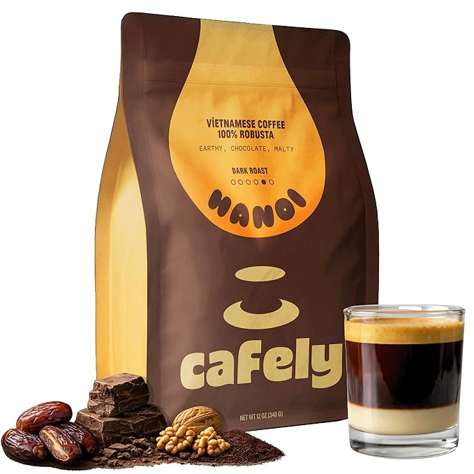 Cafely HaNoi - 100% Robusta Ground Vietnamese Coffee – Dark Roast High Caffeine (Bold &amp Punchy) Full Body Low Acid Single Origin Direct Trade For Phin French Press Cold Brew 12 oz