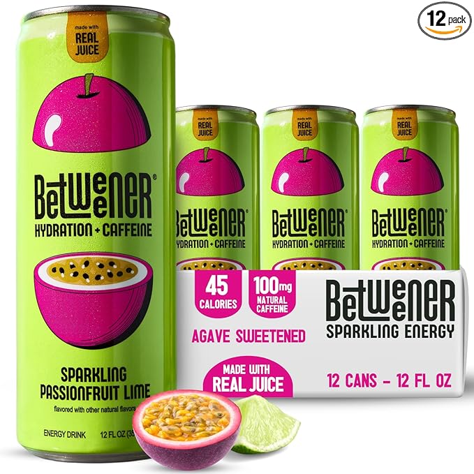 Betweener Sparkling Energy Seltzer Sparkling Water w/Real Juice &amp 100mg Caffeine Light &amp Refreshing L-Theanine for Focus Vitamins B+C - Low Sugar - 45 Cals - Passionfruit Lime (12 Pack)