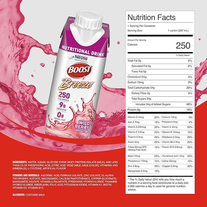 BOOST Breeze Clear Nutritional Drink - 250 Calories - 19 Vitamins &amp Minerals - 9 g Protein – Fortified with Vitamin A &amp Zinc - Wild Berry Flavor - 8 fl oz (Pack of 24)