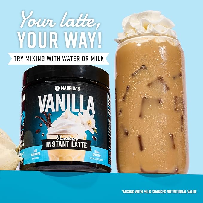Premium All-Natural Vanilla Flavored Instant Coffee Cold Brew Latte Mix - 8 Servings - High Caffeine Rich &amp Flavorful Gluten-Free Convenient | MADRINAS