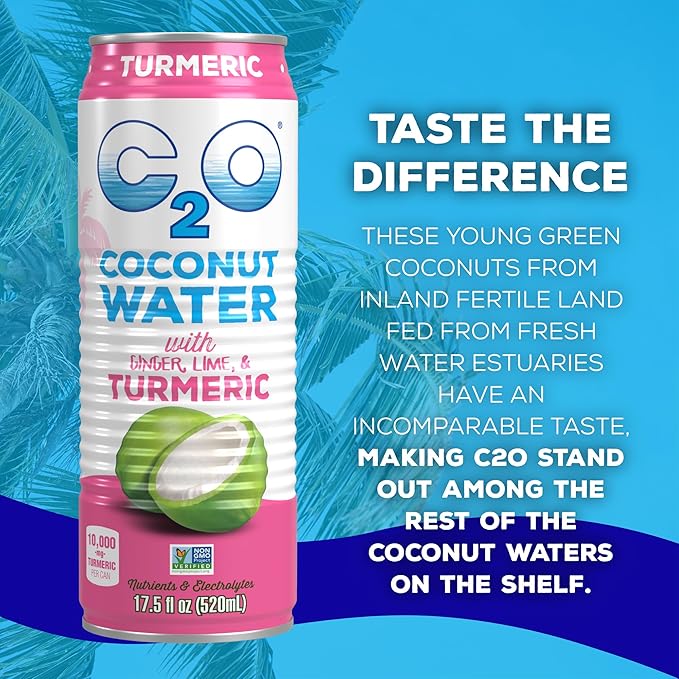 C2O - Coconut Water with Ginger Lime &amp Turmeric (12 Pack) - Made with Fresh Coconut Water - Plant Based - Non GMO - Canned Water - Natural Hydration Electrolytes &amp Potassium - 12 Cans 17.