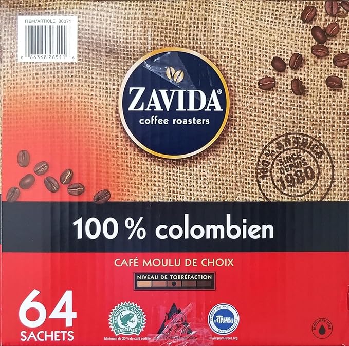 Zavida 64 Piece Coffee Pouches 100% Colombian 8 Pound