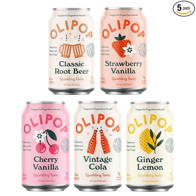 OLIPOP - 5-Flavor Soda Variety Pack Healthy Soda Sampler Prebiotic Soft Drinks Supports Digestive Health &amp Gut Health 9g of Dietary Plant Fiber Low Calorie Low Sugar Vegan (12 oz 5-Pack)