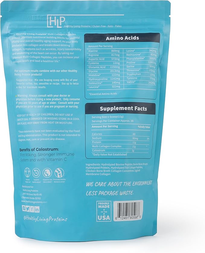 HLP Collagen Supplement for Better Absorption &amp Immune Support- Multi Collagen Peptides Powder with Colostrum- Improve Strength Wellness &amp Vitality with Multi Collagen Protein- Unflavored- 38