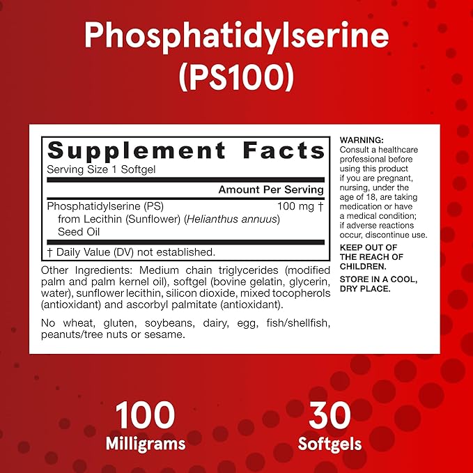 Jarrow Formulas PS100 Phosphatidylserine 100mg Dietary Supplement for Brain Health and Cognitive Function Support 30 Softgels Up to a 10-30 Day Supply