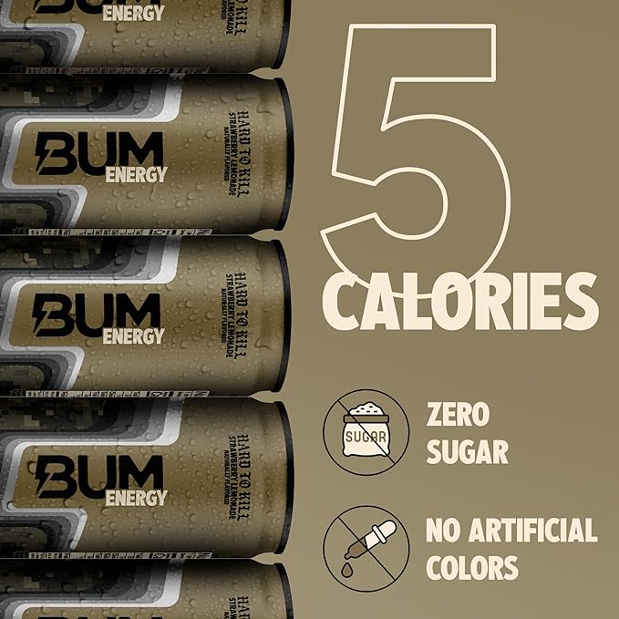 BUM Sugar-Free Energy Drink Strawberry Lemonade - Lightly Carbonated &amp No Artificial Colors Natural Caffeine &amp Citicoline for Energy Focus Brain Boost &amp Workout Sports Beverage - 12 oz