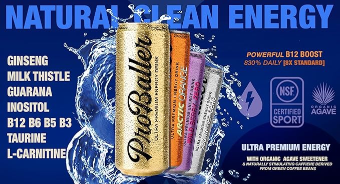 ProBaller Ultra Premium Energy Drink - Natural Clean NSF Certified Sport Drink - Gluten Free Amino Acids Taurine Biotin Organic Agave Vitamin B 12 Methylcobalamin Electrolytes - 15 Pack - Spurs