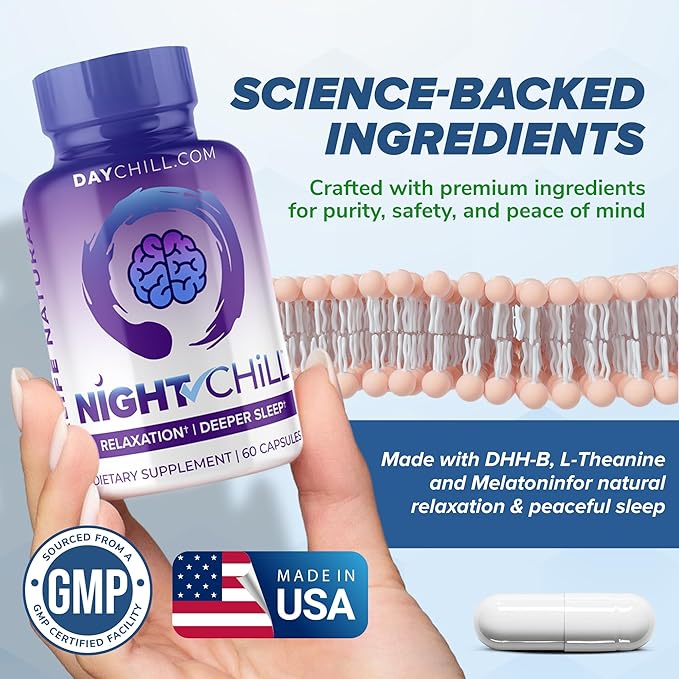 Night Chill Sleep Supplement – 60 Capsules - Restful Sleep Support with DHH-B from Magnolia Bark and L-Theanine Supplement - Stress Calm Mood Support - Sleeping Pills for Adults by MaxLife Naturals