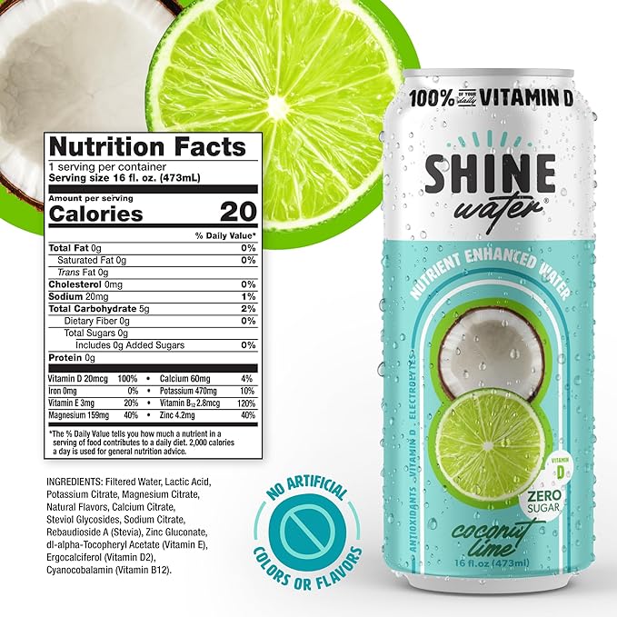 Shine Water Coconut Lime Vitamin D Electrolyte Drinks 12-Pack Sugar Free Flavored Water with Magnesium Zinc &amp Antioxidants Low Calorie Hydration Beverage Plant-Based Vitamin Water Zero Sugar
