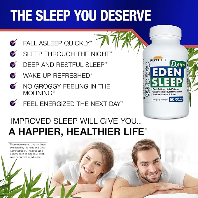 Eden Daily Sleep [New GABA Free Formula] – Fall Asleep Faster Relax Your Body Promote Deep and Restful Sleep (60 Vegan Capsules)