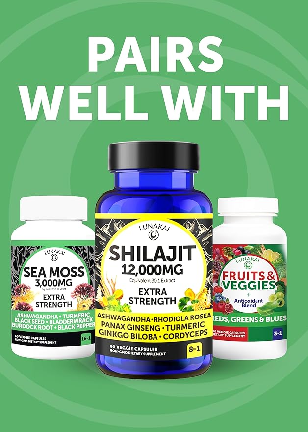 Lunakai USA Made Irish Sea Moss Capsules with Black Seed Oil Ashwagandha Burdock Root &amp Bladderwrack 60ct