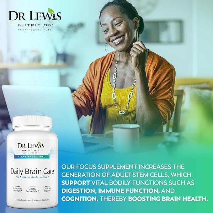 Dr Lewis Daily Brain Care Capsules - Brain Supplements for Memory and Focus with Aloe Vera - Plant-Based Nootropic and Energy Supplement for Brain Fog Mental Clarity and Immune Support - 90 Capsules