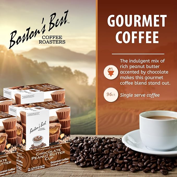 Boston’s Best - Chocolate Peanut Butter Medium Roast Flavored Gourmet Coffee Compatible with Keurig Coffee Maker 24 Count (Pack of 4)