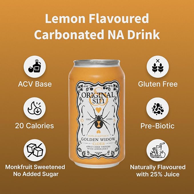 Original Sin Non Alcoholic Cider - Golden Widow Tea | Sparkling Apple Cider Vinegar Drink with 25% Fruit Juice | Sugar Free Non Alcoholic Drinks- Lemon Flavour