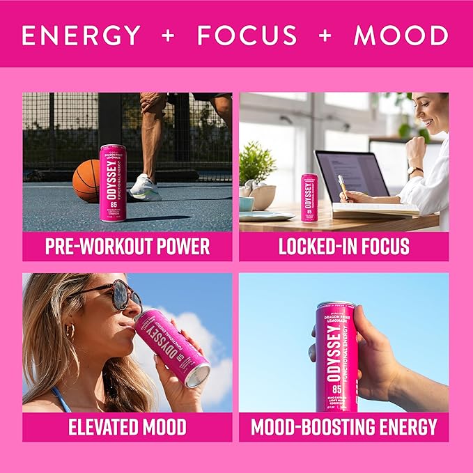 Odyssey Functional Energy Drink for Focus Cognition &amp Mood Support 12 Pack - Adaptogenic Drink with 85mg Green Tea Caffeine Lion’s Mane Cordyceps L-Theanine &amp Ginseng Dragon Fruit Lemonad