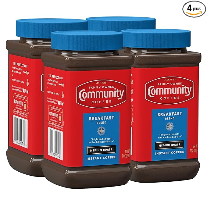 Community Coffee Breakfast Blend Instant Coffee Medium Roast 7 oz Jar (Pack of 4)