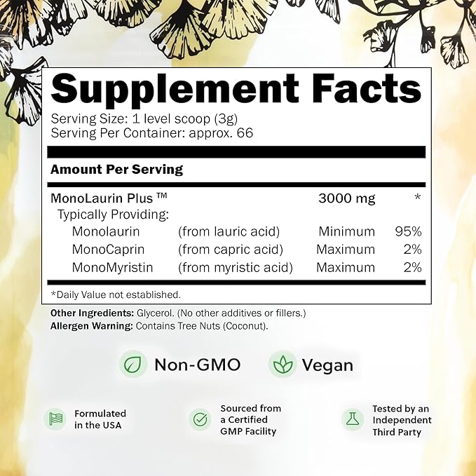 UltraLaurin® Monolaurin Supplement – 3000 mg Coconut-Derived Pellets for Immune &amp Gut Health Support Digestive Wellness – 7 oz - 66 Servings – Vegan Non-GMO Natural Immune &amp Digestive Supp