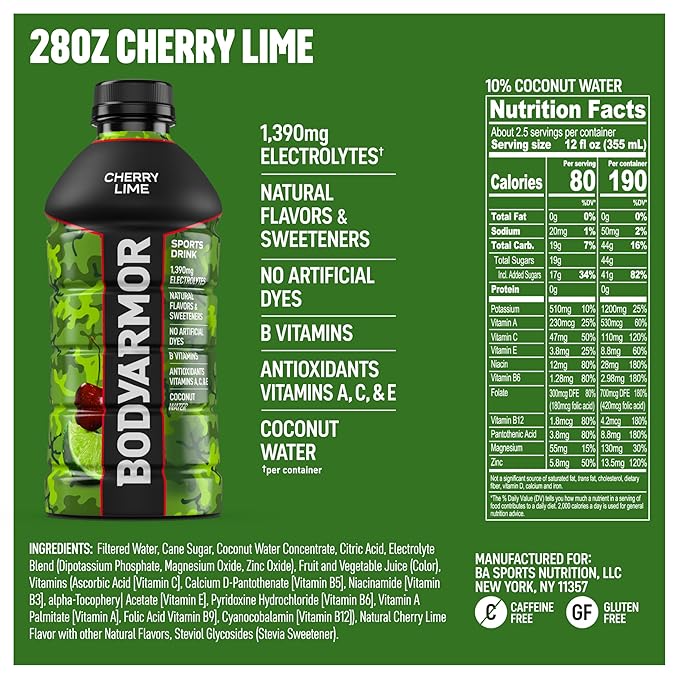 BODYARMOR Sports Drink Cherry Lime Electrolyte Drink Hydration 28 Fl Oz Bottles (15 Pack) Flavored Coconut Water with B Vitamins &amp Antioxidants