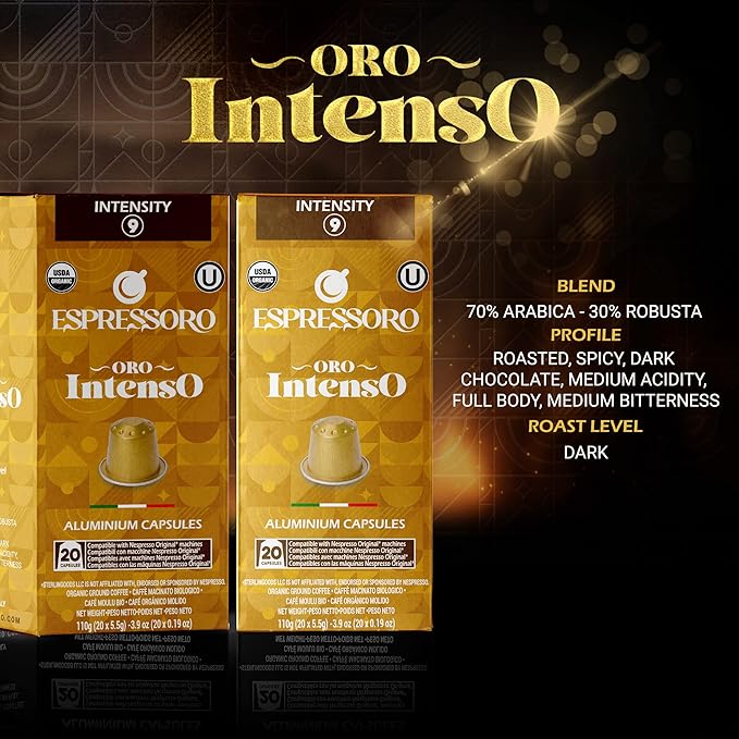 ESPRESSORO 100 USDA Organic Espresso Pods - INTENSO Aluminum Capsule Compatible with Nespresso Original Lines Machines. Intensity 9 - Premium Italian Coffee Pods.