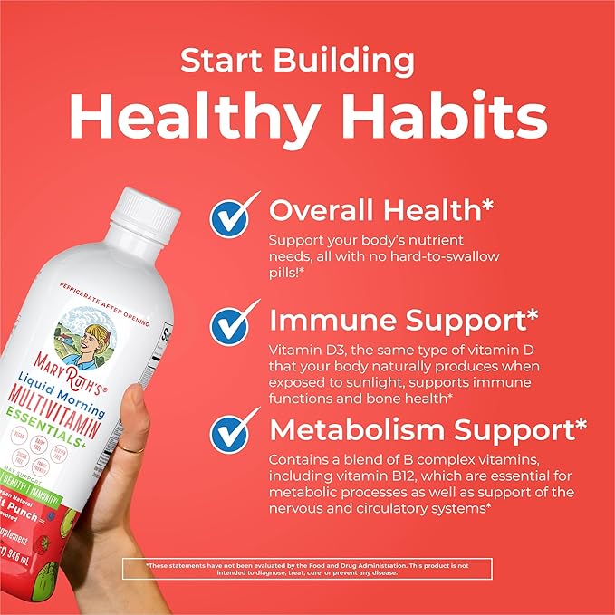 MaryRuth Organics Liquid Morning Multivitamin Essentials+ | Vitamin A C D E B6 B12 Biotin Zinc Mens Womens Multivitamin Immune Support Beauty | Sugar Free | Vitamins for Ages 1+ | Vegan | 32 Fl Oz