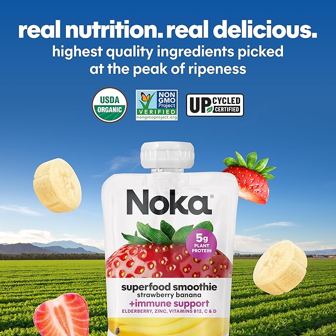 Noka Superfood Fruit Smoothie Pouches Strawberry Banana Healthy Snacks with Flax Seed Prebiotic Fiber and Plant Protein Vegan and Gluten Free Organic Squeeze Pouch 4.22 oz 24 Count