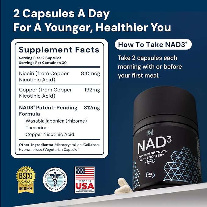 HPN NAD3 Clinical NAD+ Booster Cellular Health &amp Natural Energy - NAD Supplement for Healthy Aging Metabolic Support NRF2 &amp Longevity Nicotinamide Riboside &amp NMN Alternative 60ct 30-
