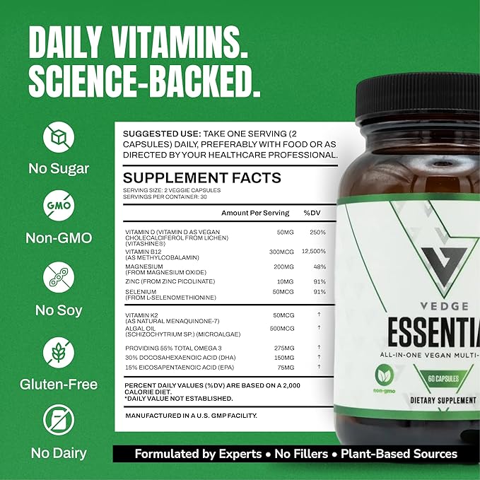 VEDGE Vegan Omega 3 Multivitamin for Women and Men – Plant-Based Algal EPA &amp DHA + Vitamin B12 Vitamin D K2 Magnesium Zinc &amp Selenium – 30-Day Supply – Non-GMO Gluten Free Made in USA