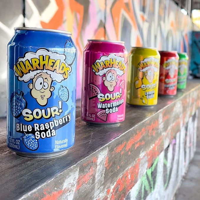 WARHEADS SODA - Sour Fruity Soda with Classic Warheads Flavors – Perfectly Balanced Sweet and Sour Soda - Warheads Candy Throwback Treat Soda Cocktail Mixer Pack of 5 12oz Cans (Sampler Pack)