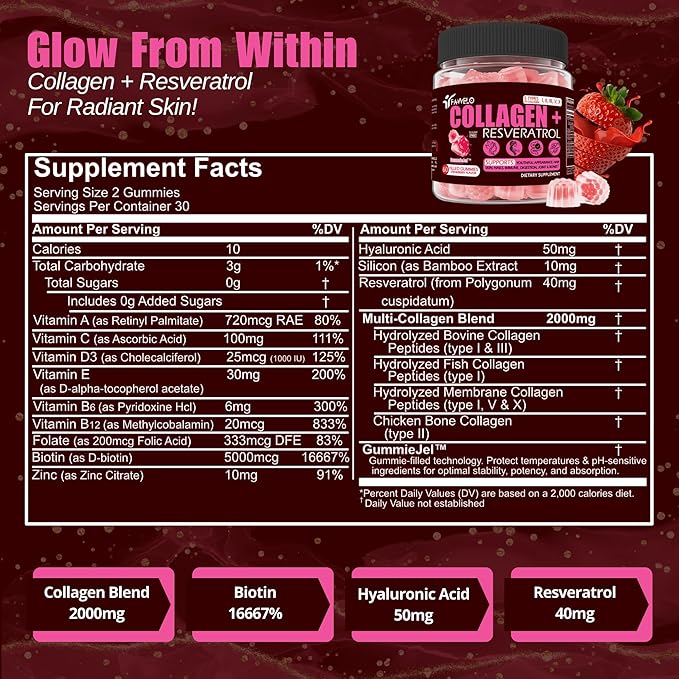 Multi Collagen Gummies Peptides Hydrolyzed Type I II III V X Plus Resveratrol Hyaluronic Acid &amp Biotin Gummies for Hair Skin and Nails Vitamins | Colageno Hidrolizado for Women &amp Men | Sug