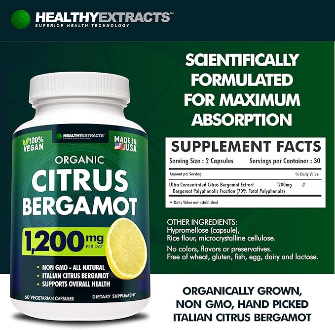 Citrus Bergamot Supplement – 150:1 Extract 1200mg per Serving 80% Polyphenols Italian Sourced 60 Count 1 Month Supply Made in the USA