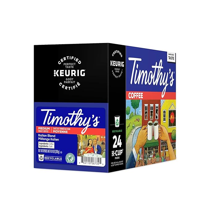 Timothy's Italian Roast Single-Serve Keurig K-Cup Pods Medium Roast Coffee 96 Count (4 Boxes of 24 Pods)