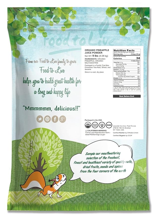 Food to Live Organic Pineapple Juice Powder 9 Pounds - Non-GMO Made from Raw Dried Fruit Unsulfured Vegan Bulk Kosher Great for Baking Juices Smoothies Contains Maltodextrin No Sulphites