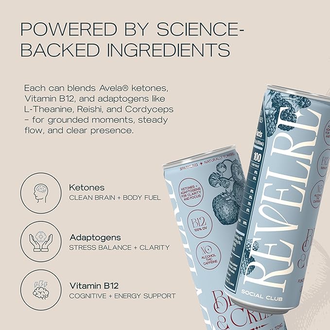 Revelre Functional Social Tonic with Ketones and Adaptogens - Mindful Blend for Focus and Calm - Ketones Magnesium B12 Reishi &amp Cordyceps Mushrooms - Non Alcoholic - Berries &amp Cream12 oz (