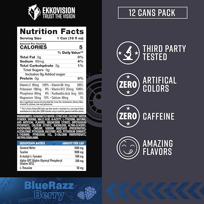 Ekkovision Energy Drink Blue Razz Caffeine Free Coconut Water L Theanine Alpha Gpc &amp L Tyrosine For Balanced Energy Electrolytes &amp Smooth Hydration 16 Fl Oz Can 12 Pack