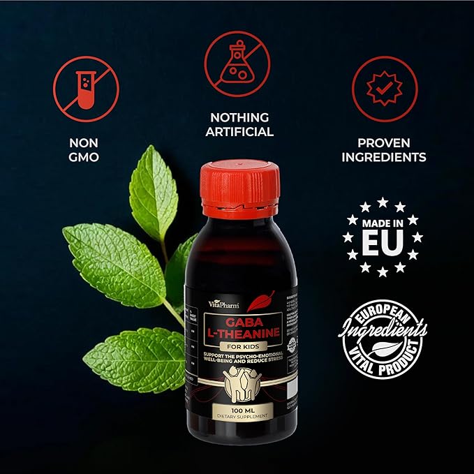 GABA L-Theanine Supplement for Kids - Liquid GABA with Vitamin B6 - Supports Emotional Well-Being Stress Relief Relaxation and Cognitive Health - 100 ml Non-GMO L-Theanine Liquid Formula