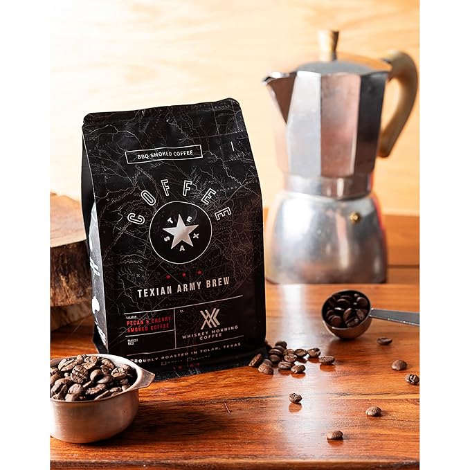 Whiskey Morning Coffee Texian Army Brew Double Smoked Whole Bean Coffee Fire Roasted with Pecan Wood &amp Cold Smoked with Cherry Wood Small Batch Texas Roasted Bold &amp Smooth Medium Roast 10