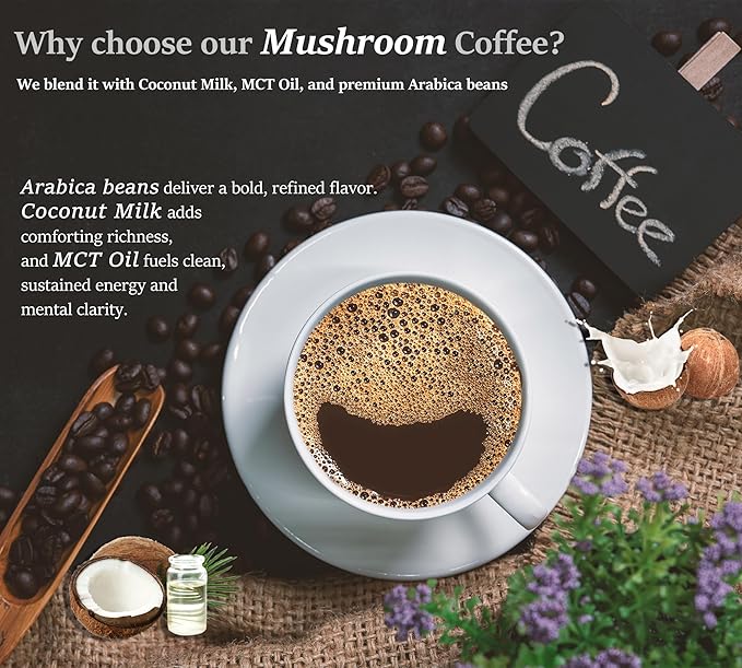 DLNIA Instant Organic Mushroom Coffee with 12 Adaptogenic Mushrooms Arabica Beans Coconut Milk &amp MCT Oil | Cordyceps Lion’s Mane &amp Turkey Tail Instant Coffee for Better Energy Focus Diges