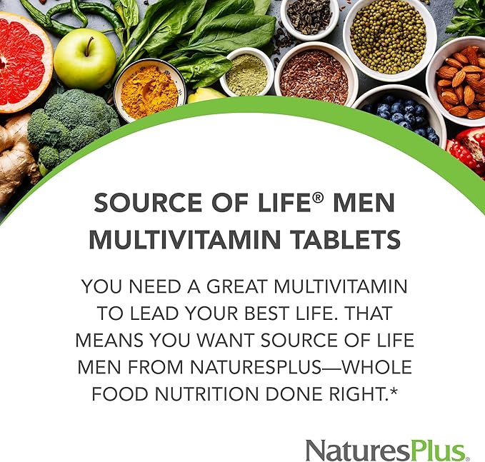 NaturesPlus Source of Life Men - 120 Tablets - Iron-Free Multivitamin &amp Mineral Supplement - with Saw Palmetto Lycopene &amp Rhodiola - Gluten Free Vegetarian - 60 Servings