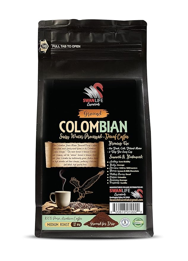 decaf coffee ground - DECAF COLOMBIAN GROUND COFFEE - Medium Roast 100% Pure Arabica swiss water processed non gmo - medium roasted colombian coffee by SWAN LIFE ESSENTIALS - 2 Bags (24 Oz)