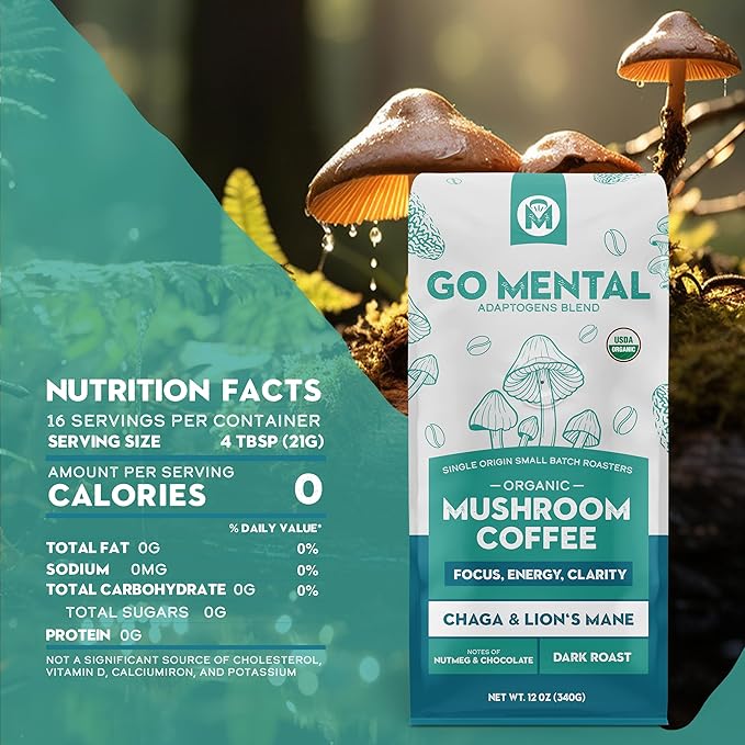 Organic Mushroom Coffee 3 Bag Gift Box Set Lion's Mane &amp Chaga Red Reishi &amp Chaga Decaffeinated Turkey Tail &amp Cordyceps Immune Support &amp Overall Wellbeing Dark Roast 36oz Ground
