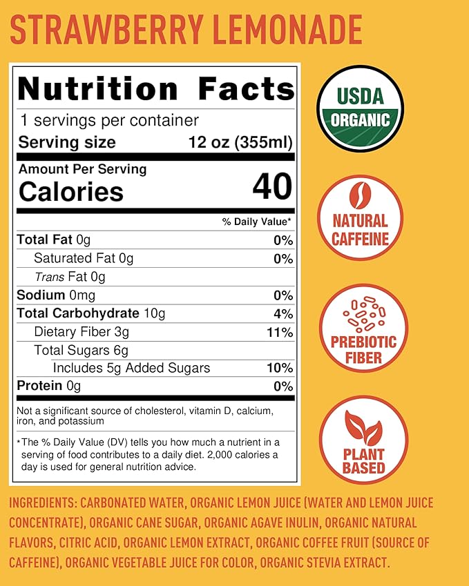 Organic Energy Drink Sunrise Strawberry Lemonade 80mg Natural Caffeine 3g Prebiotic Fiber 12oz Can Powered by Coffee Fruit Organic Low Calorie Adventure Energy (Pack of 12)