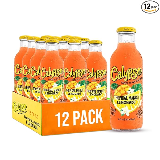 Calypso Lemonade Tropical Mango Lemonade Made with Real Fruit 16 Fl Oz Glass Bottles (Pack of 12)